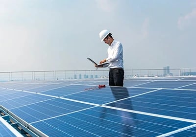 Engineer in a hard hat inspecting solar panels on a rooftop with a laptop for renewable energy maintenance.