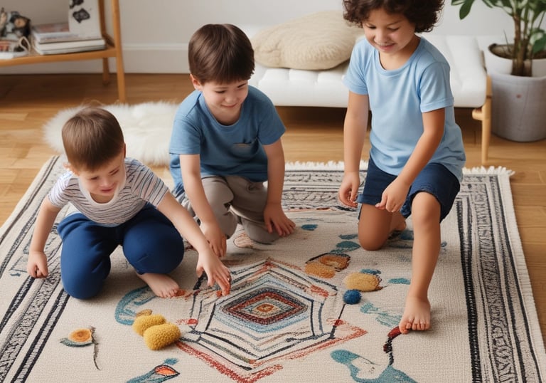A minimalist composition featuring eco-friendly cleaning products arranged on a textured beige fabric. There's a bottle with a pump dispenser, a small packet, and two paper bags with lavender and mint green labels. The background is softly lit, creating a calm atmosphere.