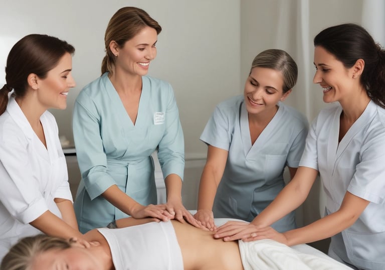 A person is lying on a massage table, covered with a dark towel, receiving a face massage. The massage therapist's hands are gently pressing on the person's forehead and eyes. The environment appears calm and relaxing.