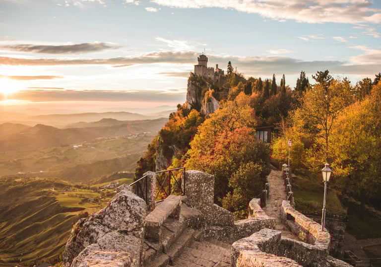 Sunset view from Passo delle Streghe, overlooking the hills from San Marino’s mountaintop
