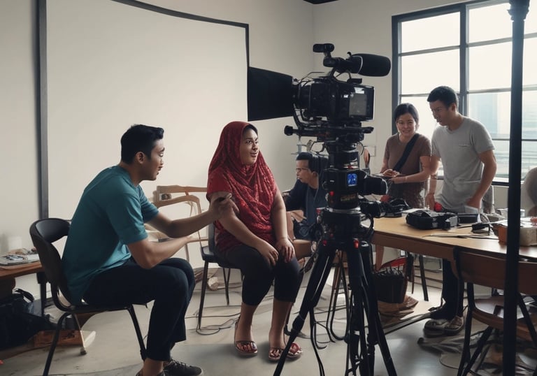 A film set scene with a group of people, including one person who appears to be acting, surrounded by cameras and lighting equipment. The setting has a warm, ambient lighting with decorations in the background and a red carpet on the floor.