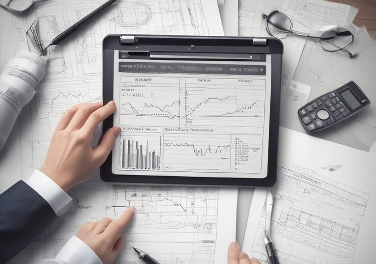 A person is working at a desk with technical drawings and a caliper. The desk contains various tools and equipment, including a toolbox labeled 'Stanley', a notebook, a cutting mat, and assorted mechanical parts and components.