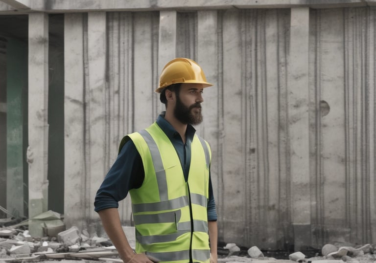 Two construction workers wearing safety vests and helmets walk past a construction site. A sign on the fence reads, 'TEAM WORKS! NO TO ACCIDENT YES TO SAFETY!!!' The background includes a building with blue and yellow exterior colors.
