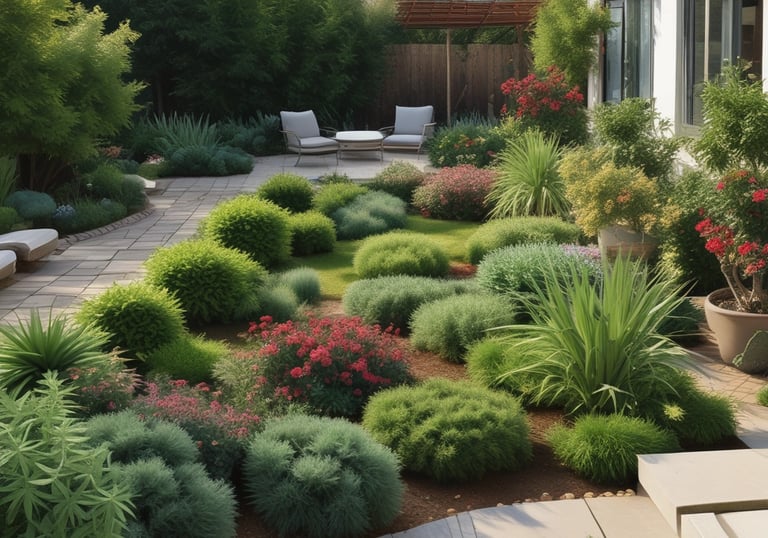 Two workers are engaged in landscaping activities in front of a modern building. The scene is sunny and features several palm trees and well-maintained greenery. A pile of soil is present, and a white van is parked nearby.