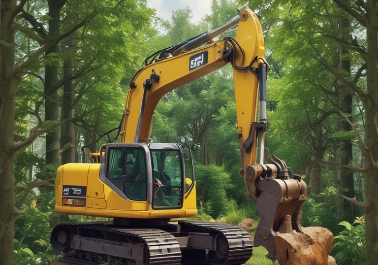 A landscape featuring a series of small, well-maintained shrubs and plants arranged on a grassy slope with carved shapes. In the background, there is a multi-storey concrete building under construction, and the setting is bordered by a lush forested hill.