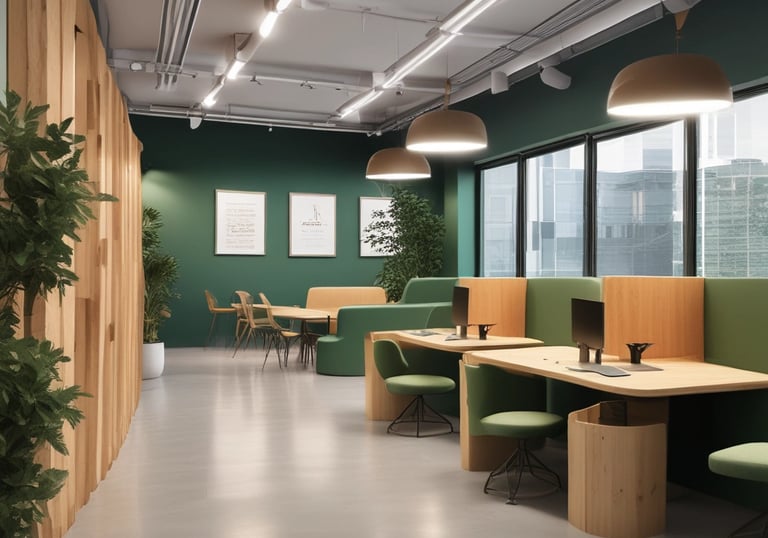 A modern coworking space with a stylish and open layout. The room features a long bar-style table with high black chairs, pendant lighting, and a glass partition on one side. Two people are seated at a round table in the center, engaged in discussion, and using laptops. The room is decorated with plants, shelves, and a large green abstract mural on the wall.