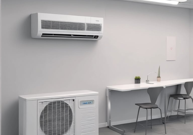 Three air conditioning units mounted on the exterior wall of a building, with a closed vent in the center. The wall is a warm, peach color and the units have a beige finish. A black cable runs vertically along the left side of the image.
