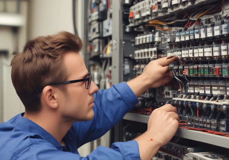 A white outdoor air conditioning unit mounted on a wall with a large fan and electrical connections. The unit has a red label and is surrounded by a light grey and white color scheme on the building's wall.