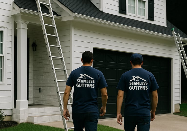 Professional seamless aluminum gutter installation.