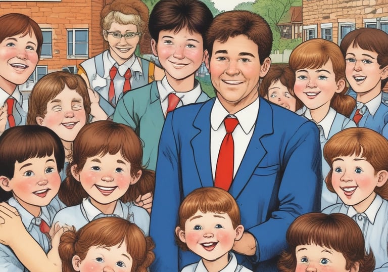 A group of six people dressed in graduation caps and gowns are joyfully throwing their mortarboards into the air. They are standing in front of a building with a sign that indicates it is the Faculty of Da'wa and Communication.