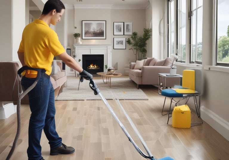 A person in a cleaning uniform is pushing a floor cleaning machine in front of a large wall made of blue-tinted glass blocks. The shadowed silhouette of another person is visible in the foreground, captured mid-step, creating a dynamic sense of motion.