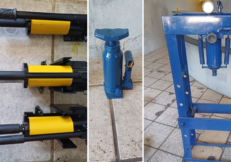 Um macaco hidráulico, uma presa e três cilindros