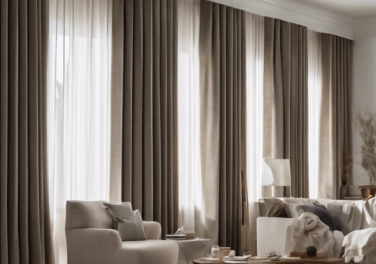 Ein heller Raum mit Sesseln und einer Fensterfront mit Vorhängen