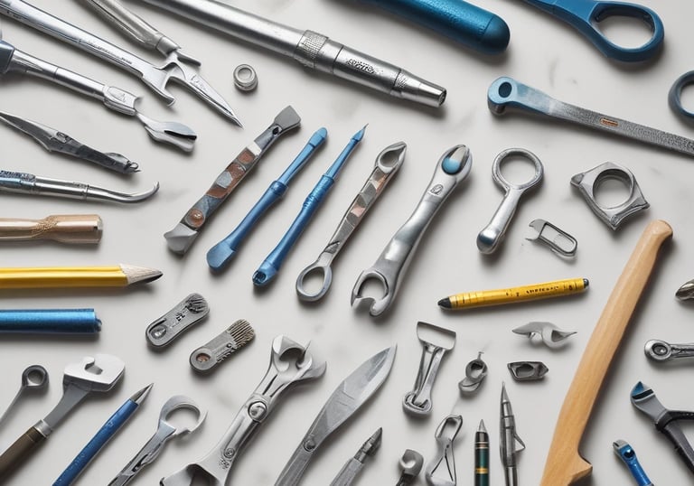 A garden hose is coiled neatly against a wooden panel next to a green container. Several other garden tools are partially visible, leaning against or hanging on the wood.