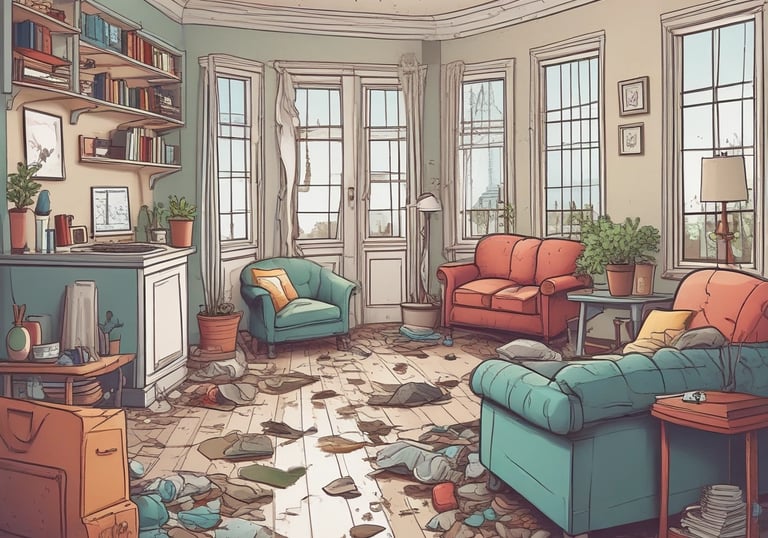 A person wearing a blue uniform and gloves is pushing a cleaning cart adorned with multiple small Union Jack flags. The environment appears to be a busy place, possibly a station or airport, with people in the background walking or standing.