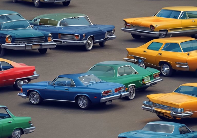 A classic red convertible car with a New Jersey license plate is parked in front of a garage with brown doors. A sign above the garage reads 'Cooper Tires'. The car has a chrome luggage rack on the trunk and is parked next to a modern silver SUV.