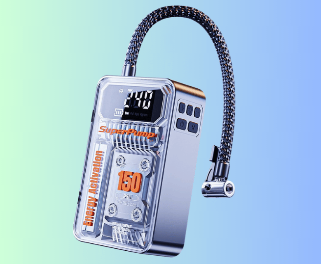 Portable electric tire inflator with a digital display and transparent casing for car and bike tires.