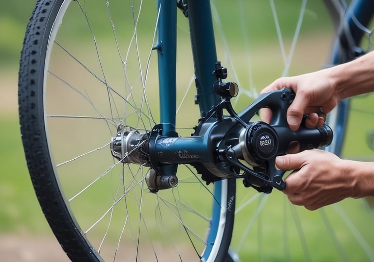 A person wearing a beanie and glasses works on a bicycle wheel, surrounded by an organized display of tools hanging on a pegboard. The person is using a spray bottle, likely for cleaning or lubricating the wheel.