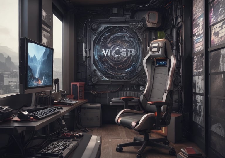 A cluttered workshop space filled with various car license plates, signs, and vintage posters. A red classic car painted on the wall has a pin-up model sitting on it. A ladder is placed in the middle of the space, surrounded by tools and mechanical parts. A banner in the foreground advertises auto and radiator repair services, listing contact numbers. The overall atmosphere suggests automotive workshop or restoration.