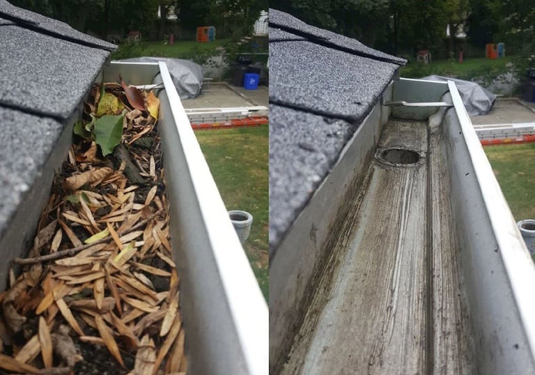 Before and after cleaning a home gutter
