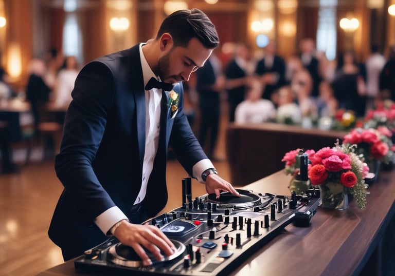 A DJ wearing a black cap and headphones stands behind a mixing console performing at an event. The DJ is dressed in a sleeveless sports jersey and leopard print shorts, with bright stage lights illuminating the scene. The background features a vibrant LED screen with abstract, geometric patterns in shades of blue and white.