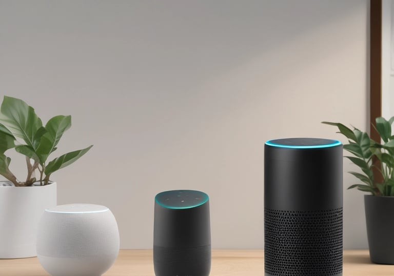 A hand is holding a boxed product labeled 'Home' with the Google logo, indicating it's a voice-activated speaker by Google. The background includes a partially visible tree and a room setting with a fireplace.