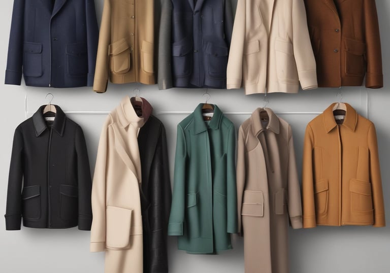 A dark exterior view of a dry cleaning and tailoring shop with large glass windows. Inside, racks of clothes covered in plastic are visible along with some bags and a chair. The lighting is dim, casting reflections on the glass.