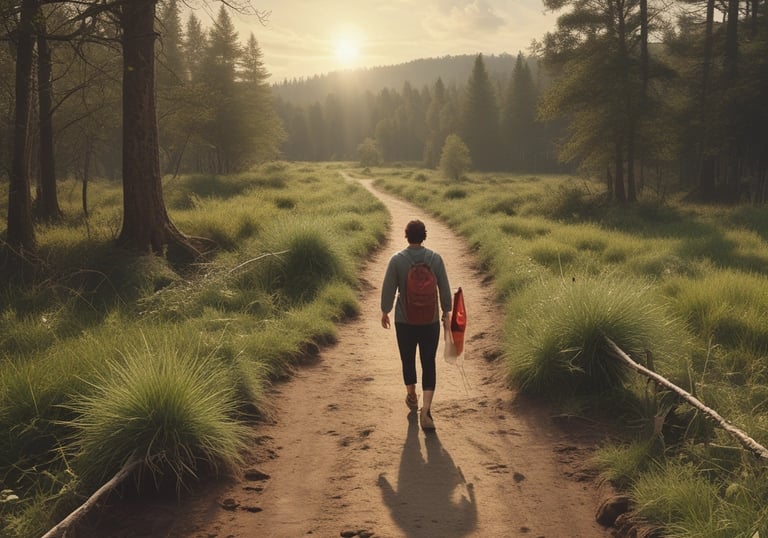 a man walking down a dirt road with a kite