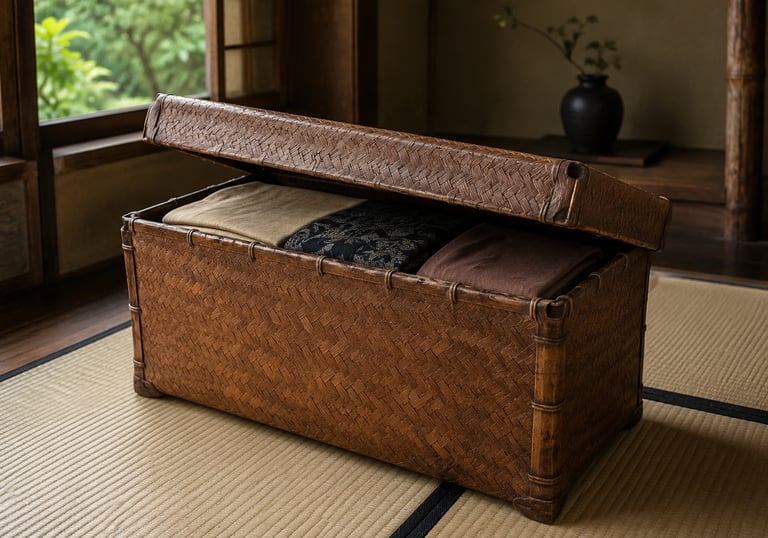 Woven bamboo storage trunk with folded textiles on a traditional Japanese tatami mat.
