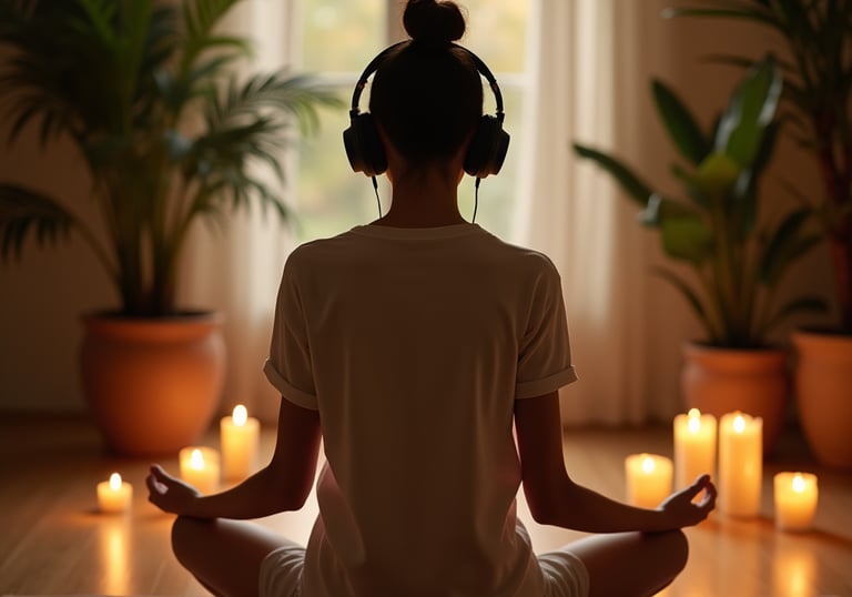 female meditating with sony headphones