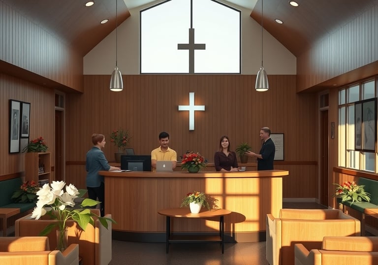 le hall d'entrée d'une église avec un bureau d'accueil et une église