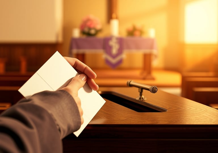 une personne tenant un morceau de papier devant une église