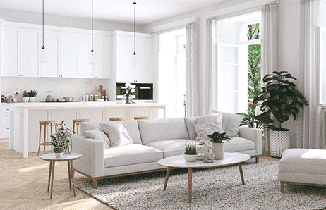 a living room with a couch and a table