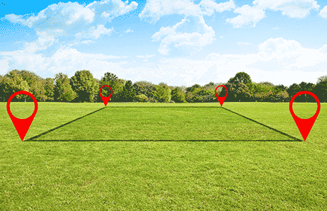 a soccer field with pinpoint markers and markers