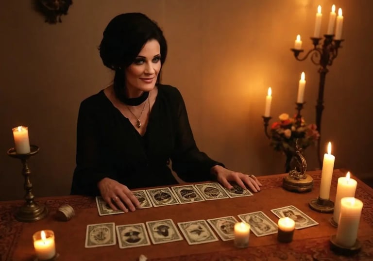 Tarotista con cartas de tarot de Marsella en la mesa, rodeada de velas en un ambiente cálido y místico.