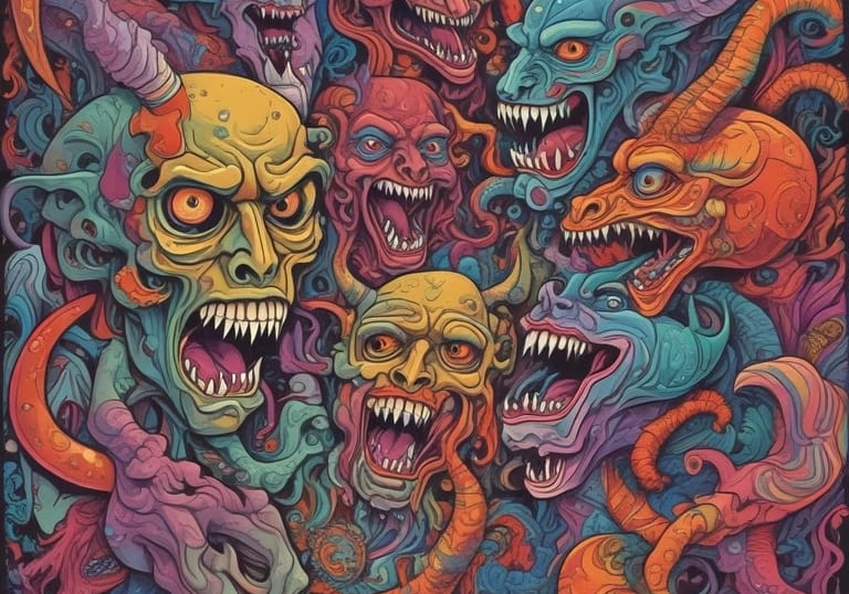 a poster of a group of monsters with their heads turned to look like they are