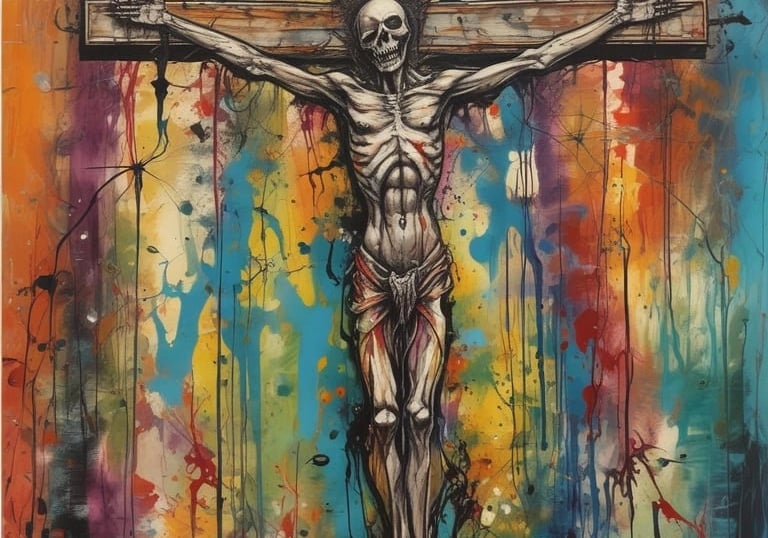 a painting of a skeleton on a cross - country road