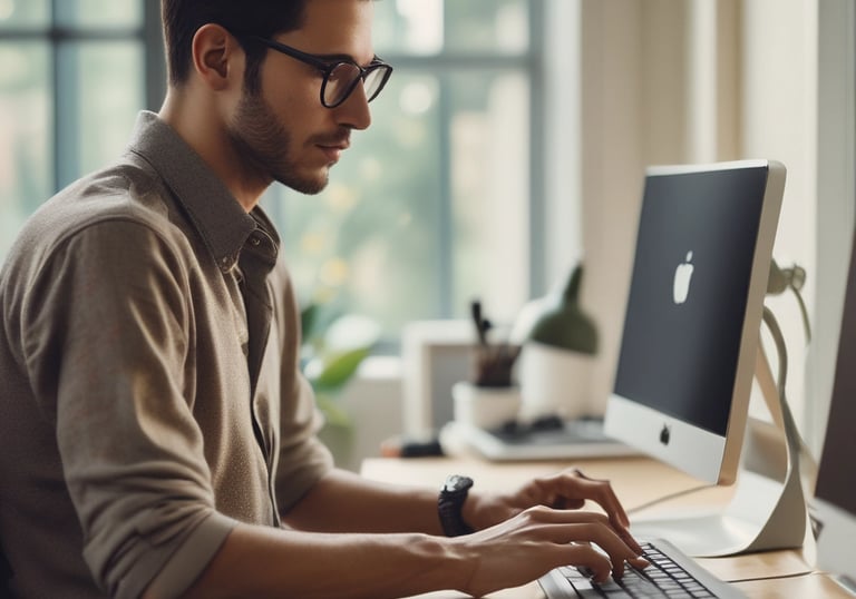 A person reviewing documents at a desk with a laptop and a cup of coffee.