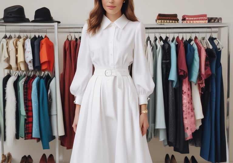 A well-lit clothing store featuring a variety of women's clothing items and accessories displayed on racks and shelves. The shelves include bags, mannequins with tops, and neatly hung dresses. A woman wearing a beige coat with red pants is browsing through the store.