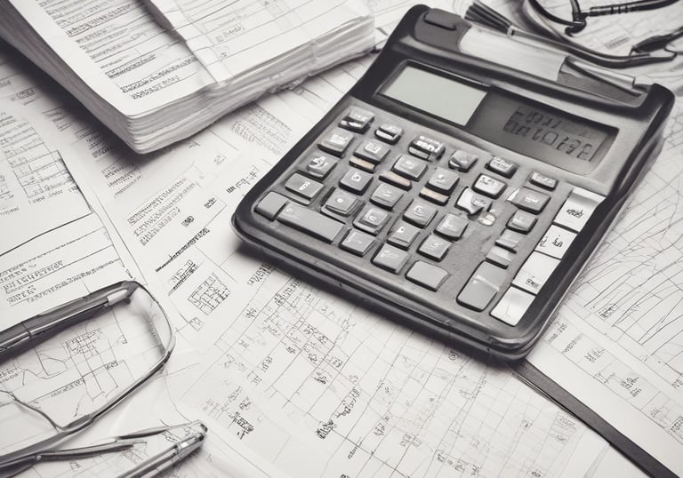 A desk with a laptop, notepad, and financial documents arranged neatly.