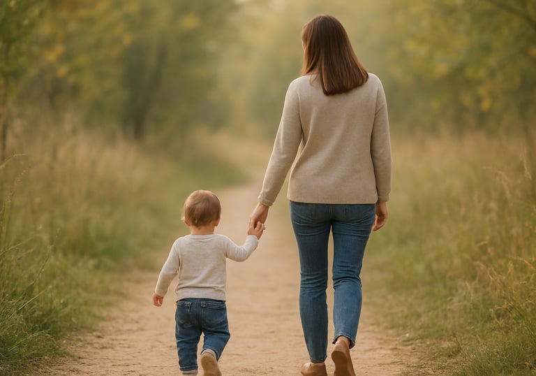 a toddler walking holding hands with the mother on a nature trail