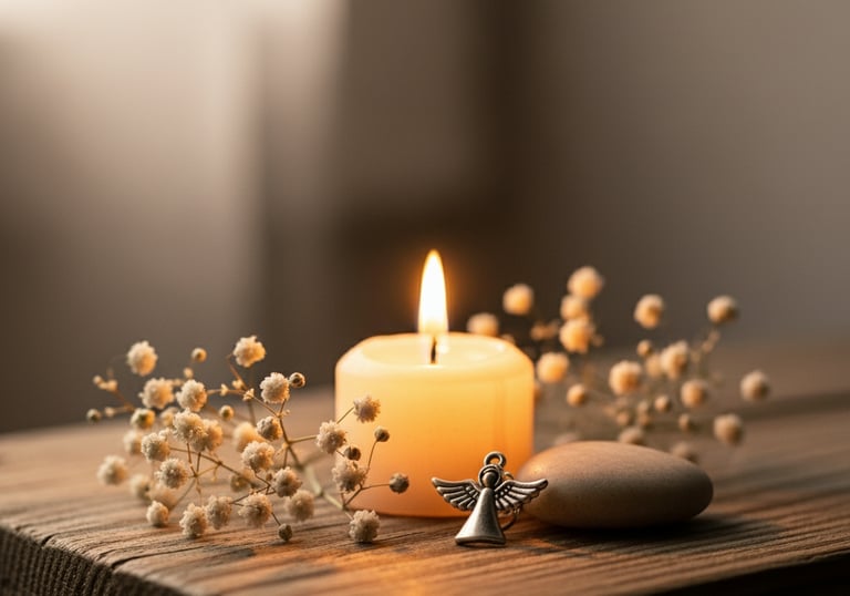 a lit candle with a small angel figure symbolizing a pregnancy loss