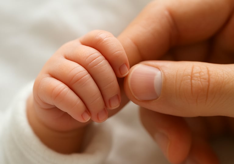 a baby's hands wrapped around the mother's finger