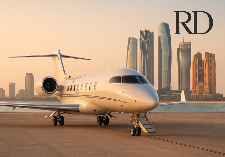 Jet privato sulla pista dell'aeroporto di Abu Dhabi al tramonto