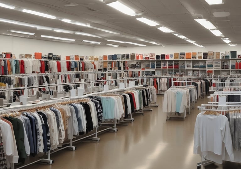 Four pieces of clothing are hung on hangers in front of a closed metal gate. Above the gate is a sign that reads 'Power Transmission and Conveying Specialists.' Various industrial graphics and names are displayed on the sign. To the side, there is an office chair and a bench.