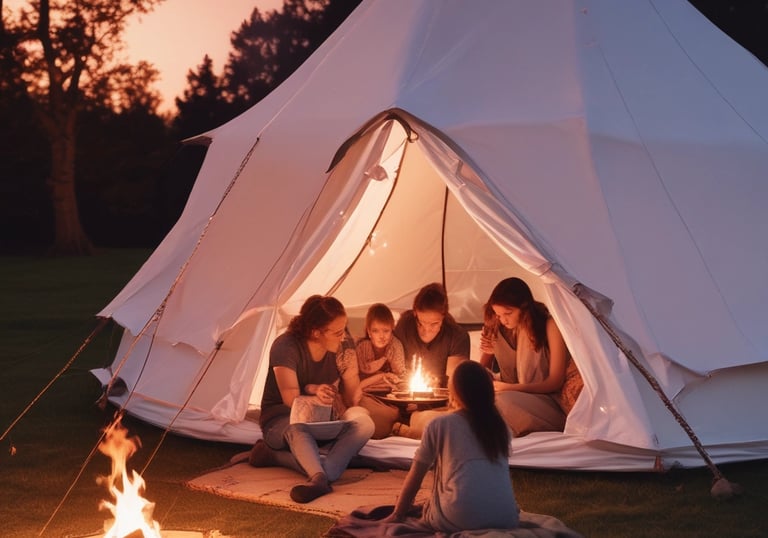 A black dog with a brown collar lies on a Helinox camping cot in a grassy outdoor setting. The background features blurred mountains and a cloudy sky, creating a serene and natural environment.