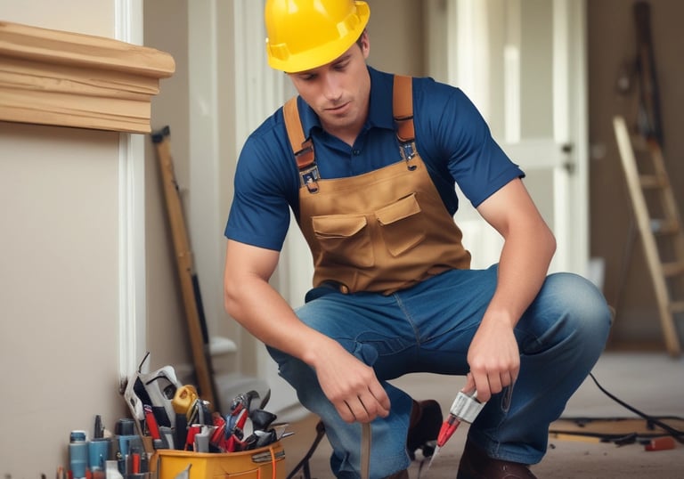 A man sitting on the sidewalk engaged in repairing tools, surrounded by various items and a bicycle with a covered load. The setup suggests a makeshift workstation with a collection of tools and materials scattered around.