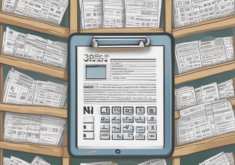 Desk with financial documents, calculator, and laptop showing accounting work.