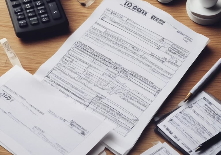 Desk with financial documents, calculator, and laptop showing accounting work.