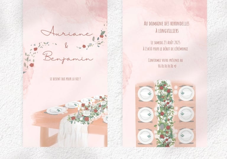 Deux faire parts rose avec dessins en aquarelle